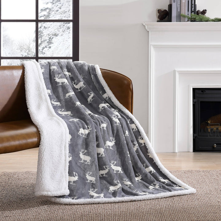 Eddie Bauer - Throw Blanket, Super Soft Reversible Sherpa Fleece Bedding, Ideal Christmas & White Elephant Gifts, Cozy Plaid Throw Blankets for Couch (Elk Stance Grey, Throw) Elk Stance Grey/White Animal