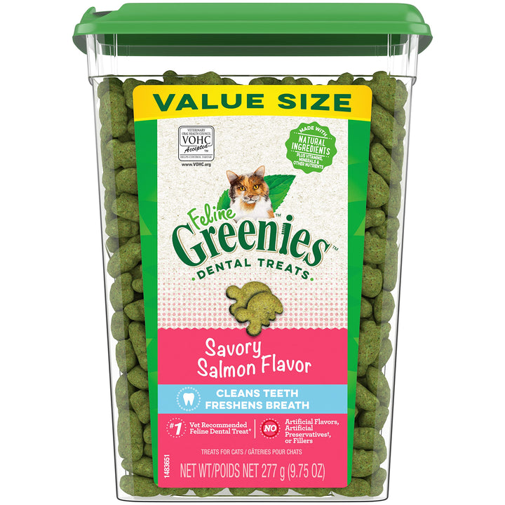 Greenies Feline Adult Natural Dental Care Cat Treats, Savory Salmon Flavor, 9.75 oz. Tub 9.75 Ounce (Pack of 1)