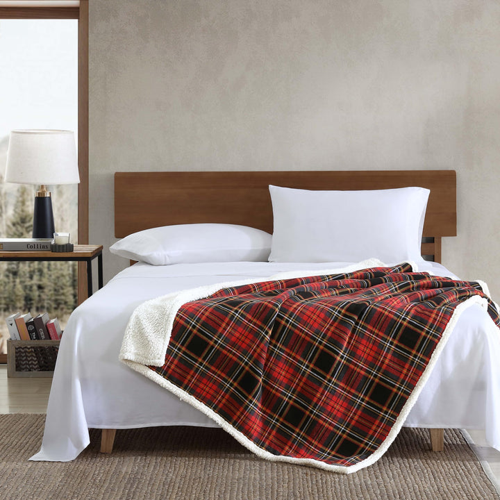 Eddie Bauer - Throw Blanket, Super Soft Reversible Cotton Flannel Sherpa Bedding, Ideal Christmas & White Elephant Gifts, Cozy Plaid Throw Blankets for Couch (Winslow Charcoal, Throw) Winslow Charcoal/Red