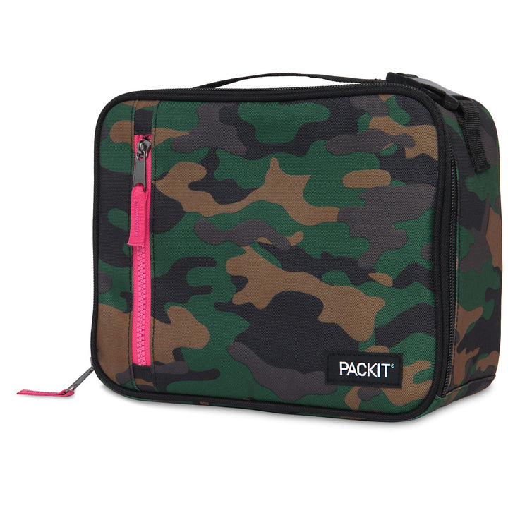 PackIt Freezable Classic Lunch Box, Camo Hot Pink, Built with EcoFreeze Technology, Collapsible, Reusable, Zip Closure With Zip Front Pocket and Buckle Handle, Designed for Lunches Camo with Hot Pink Trim