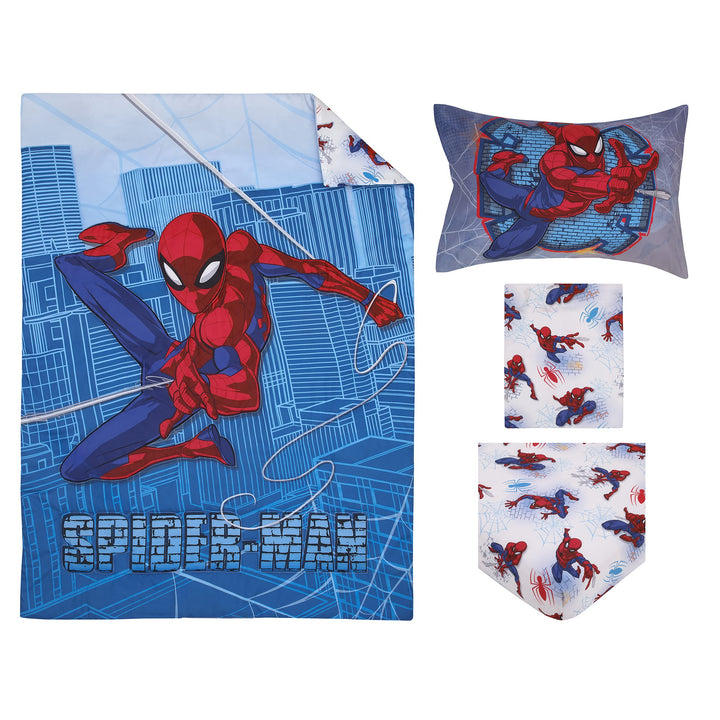 Marvel Spiderman Wall Crawler Red, White, and Blue Spider Webs 4 Piece Toddler Bed Set - Comforter, Fitted Bottom Sheet, Flat Top Sheet, and Reversible Pillowcase Marvel Spiderman