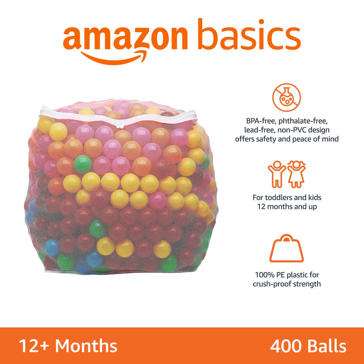 Basics BPA Free Crush-Proof Plastic Ball, Pit Balls with Storage Bag, Toddlers Kids 12+ Months, Pack of 400 Balls, 6 Bright Colors