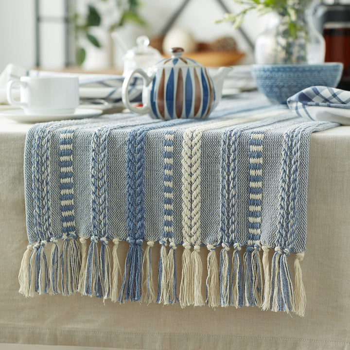 DII Farmhouse Braided Stripe Table Runner Collection, 15x108 (15x113, Fringe Included), Stonewash Blue 15x108" (15x113", Fringe Included) Striped