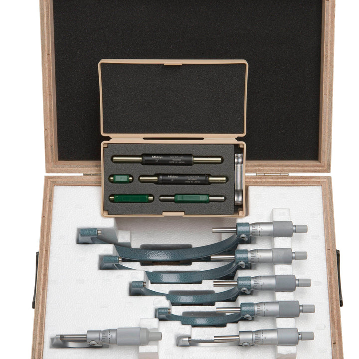 Mitutoyo 103-907-40 Outside Micrometer Set with Standards, 0-6" Range, 0.0001" Resolution, 6 Pieces & 129-132, 0 - 6" X .001" Depth Micrometer, 4" Base Micrometer Set + Micrometer 129-132