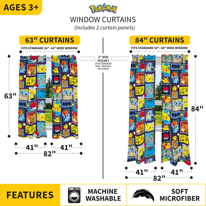 Franco Kids Room Window Curtains Drapes Set, 82 x 63 in, Pokemon 82 in x 63 in Multicolour