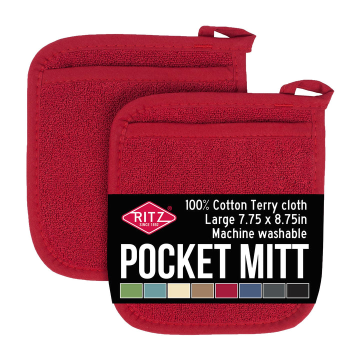 Ritz Terry Pocket Mitt & Hot Pad: Unparalleled Heat Resistant, Durable 100% Cotton – Ergonomically Designed for Optimal Grip – Easy-Care Machine Washable, Perfect for Your Kitchen – Paprika Red, 2-Pk Pocket Mitt -- 2 pk