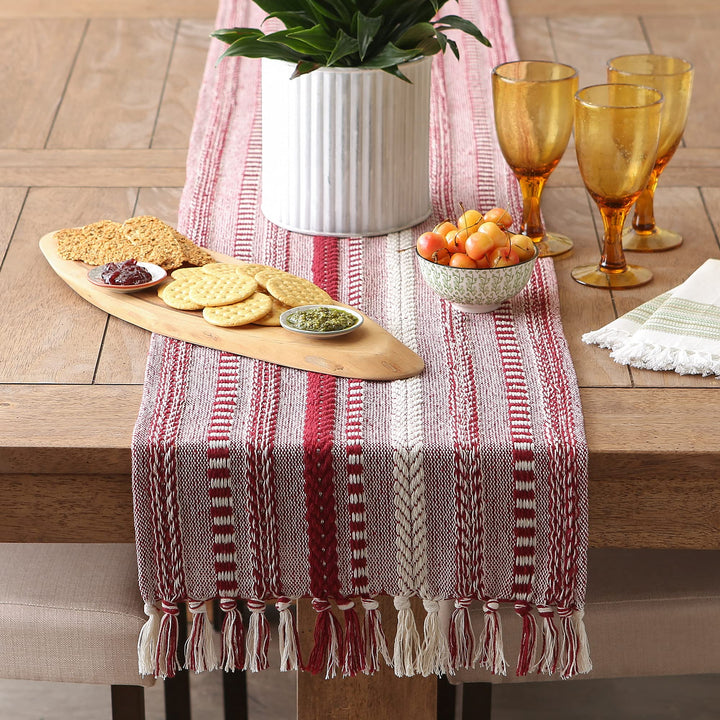 DII Farmhouse Braided Stripe Table Runner Collection, 15x72 (15x77, Fringe Included), Barn Red