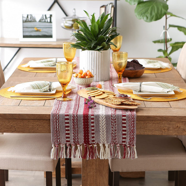 DII Farmhouse Braided Stripe Table Runner Collection, 15x72 (15x77, Fringe Included), Barn Red