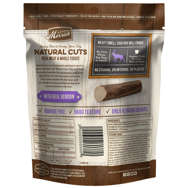 Merrick Natural Cuts Chicken Free Non Rawhide Medium Dog Treats, Hard Texture Chew Sticks With Venison - (Pack of 6) 4 ct. Pouches Medium Dog (25-40 LBS) 4 Count (Pack of 1)