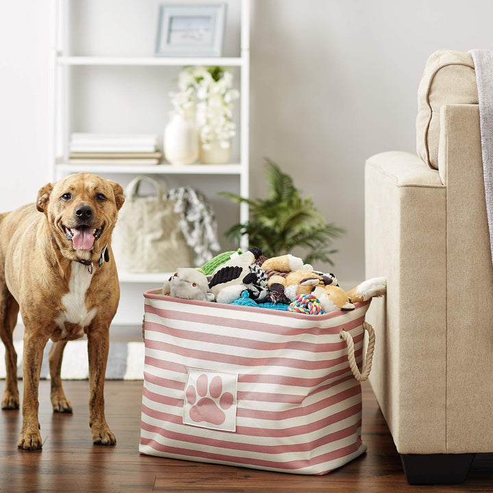 Bone Dry 5743 Pet Storage Collection Striped Paw Patch Bin, Large Rectangle, Rose