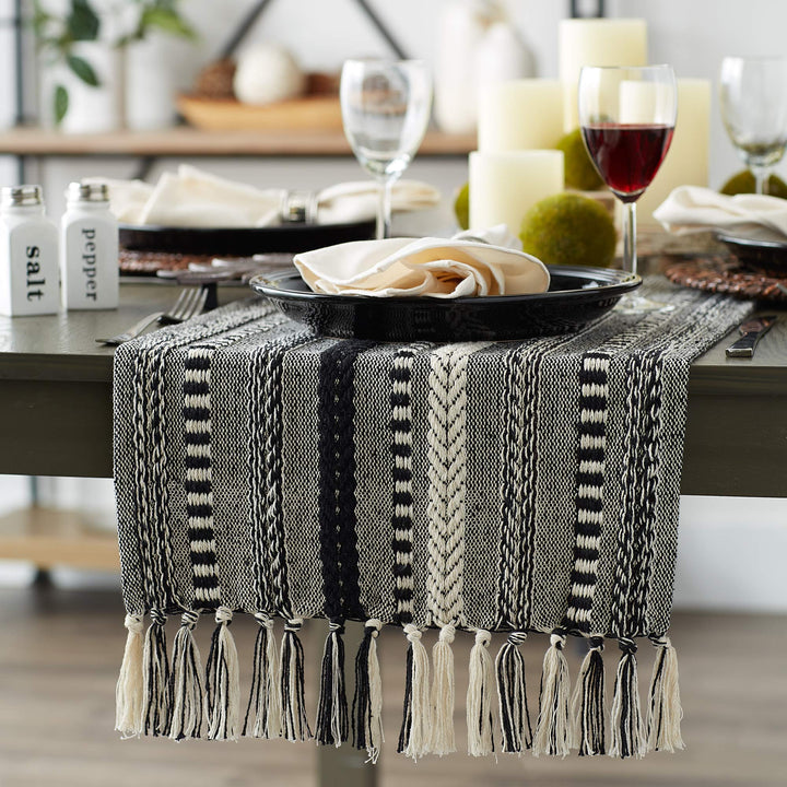 DII Farmhouse Braided Stripe Table Runner Collection, 15x108 (15x113, Fringe Included), Black 15x108" (15x113", Fringe Included) Striped