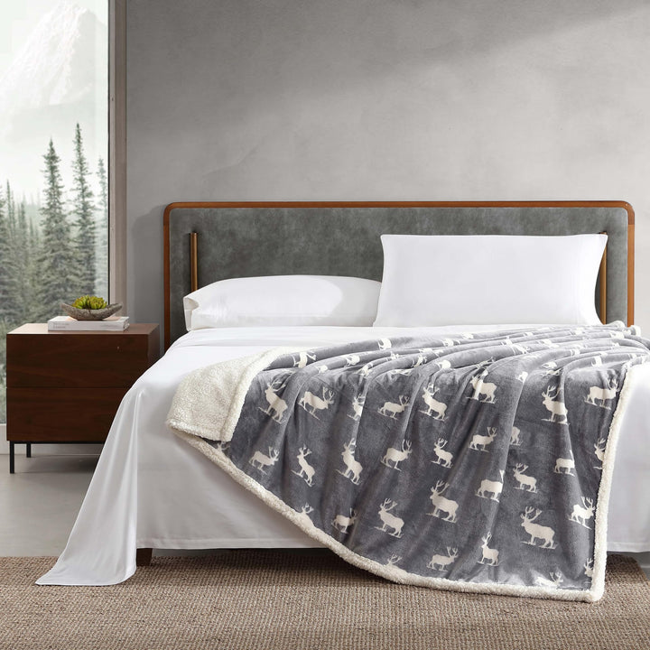 Eddie Bauer - Throw Blanket, Super Soft Reversible Sherpa Fleece Bedding, Ideal Christmas & White Elephant Gifts, Cozy Plaid Throw Blankets for Couch (Elk Stance Grey, Throw) Elk Stance Grey/White Animal