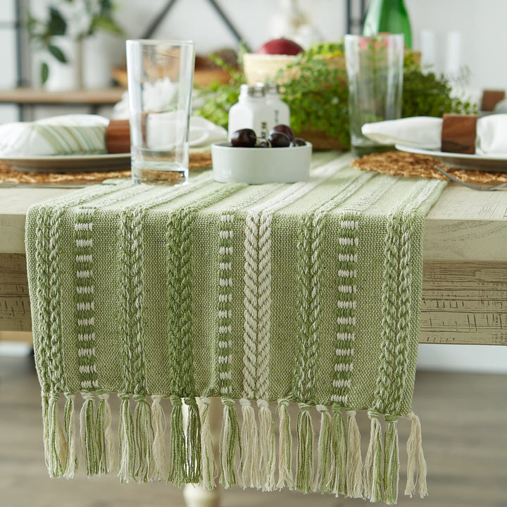 DII Farmhouse Braided Stripe Table Runner Collection, 15x72 (15x77, Fringe Included), Antique Green