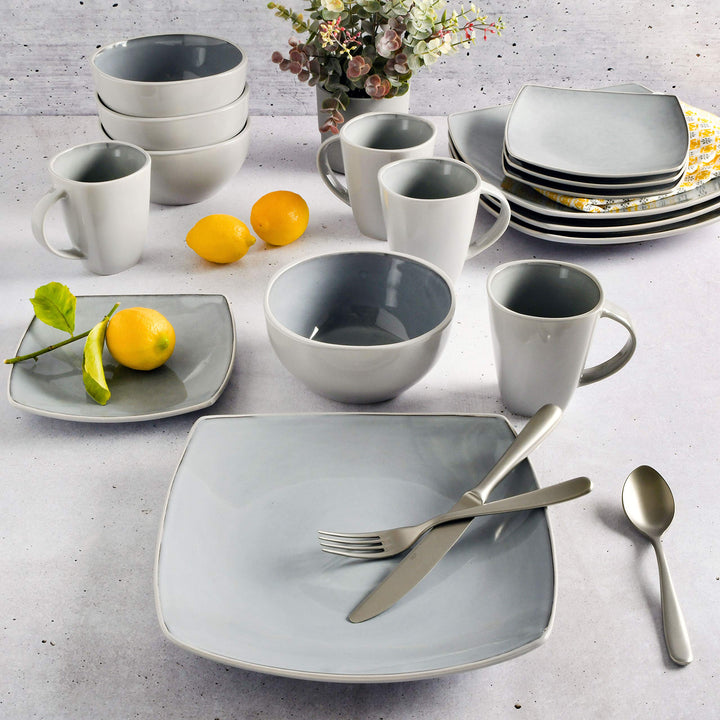 Gibson Soho Lounge Square Reactive Glaze Stoneware Dinnerware Set, Service for 4 (16pc), Sapphire Service for 4 (16pcs)