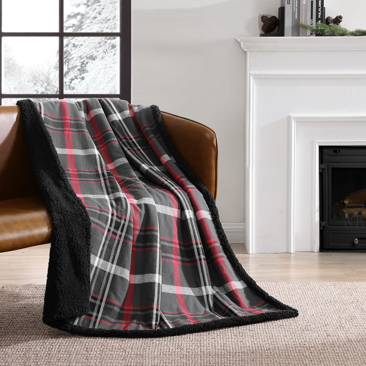 Eddie Bauer - Throw Blanket, Super Soft Reversible Cotton Flannel Sherpa Bedding, Ideal Christmas & White Elephant Gifts, Cozy Plaid Throw Blankets for Couch (Winslow Charcoal, Throw) Winslow Charcoal/Red