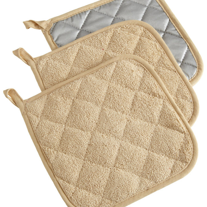 DII Basic Terry Collection Quilted 100% Cotton, Potholder, Pebble, 3 Piece