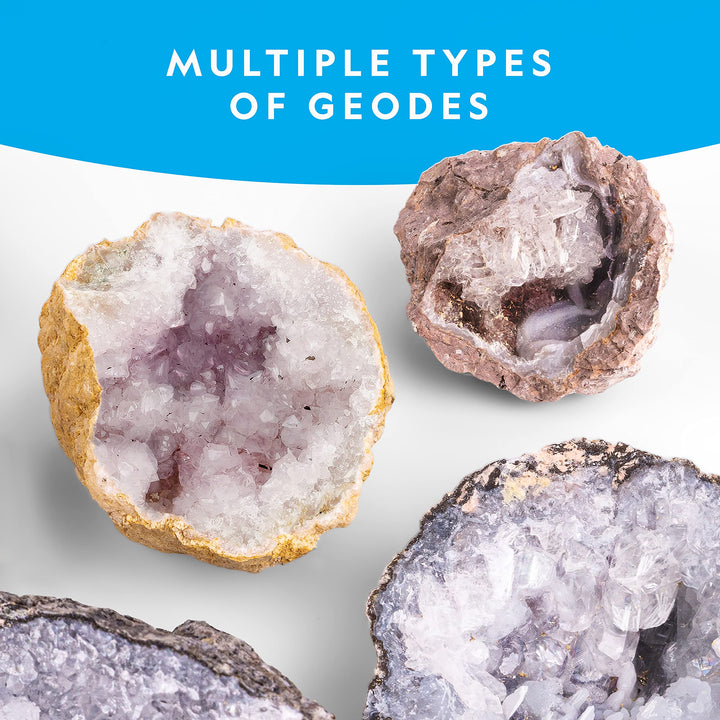 NATIONAL GEOGRAPHIC Break Open 4 Geodes Science Kit – Includes Goggles and Display Stand - STEM Science Gift for Boys and Girls, Break Your Own Geodes with Crystals ( Exclusive) 4 Geodes Kit