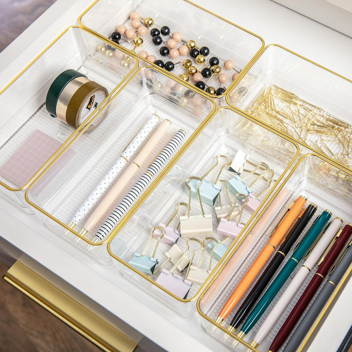 Martha Stewart Kerry Plastic Stackable Office Desk Drawer Organizers, 6" x 3", 6 Pack, with Gold Trim 6" x 3"