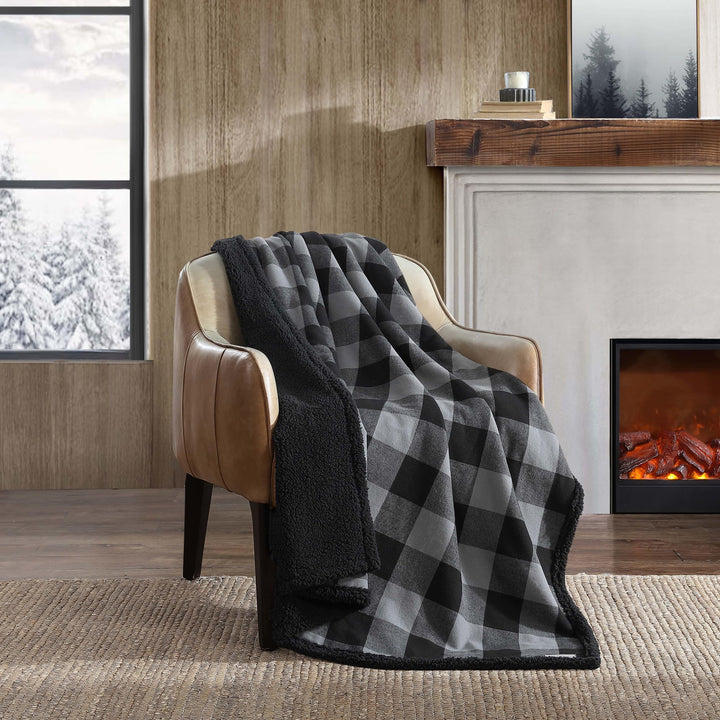 Eddie Bauer - Throw Blanket, Super Soft Reversible Sherpa Flannel Bedding, Ideal Christmas & White Elephant Gifts, Cozy Plaid Throw Blankets for Couch (Cabin Plaid Grey, Throw) Grey/Black