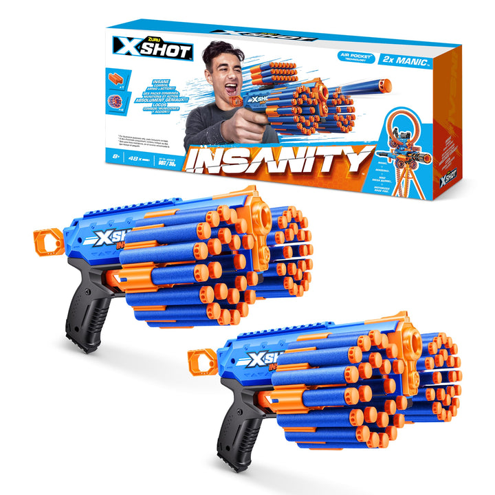 X-Shot Insanity Manic Blaster Dual Pack by ZURU with 48 Darts, Air Pocket Technology Darts and Dart Storage, Outdoor Toy for Boys and Girls, Teens and Adults