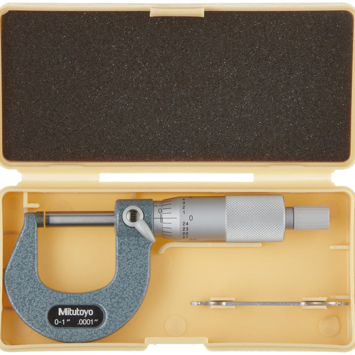 Mitutoyo 103-260 Outside Micrometer, Baked-Enamel Finish, Ratchet Stop, 0-1" Range, 0.0001" Graduation, -0.0001" Accuracy Standard