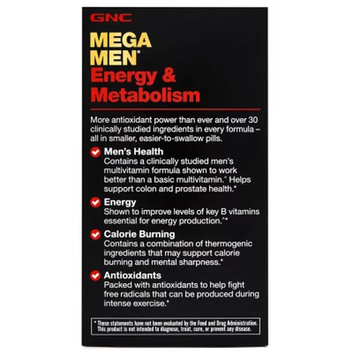 GNC Mega Men Energy & Metabolism Multivitamin Caplets 180 Ct.