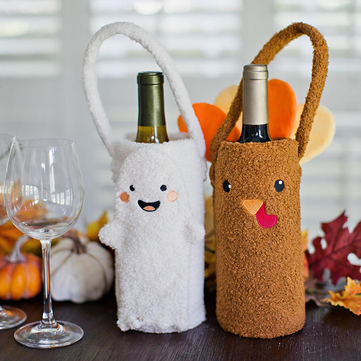 Pearhead Sherpa Wine Bottle Gift Bag, Ghost Wine Bottle Bag, Halloween Party Ideas, Reusable Wine Bags for Travel, Wine Protector Sleeve Case, Funny Fall Housewarming Ideas Ghost Sherpa Wine Bag