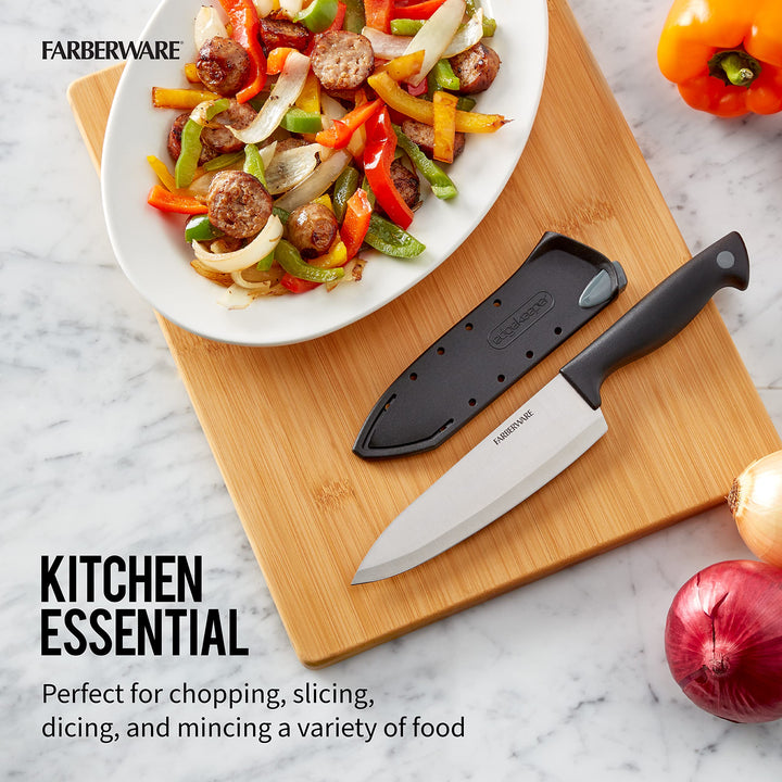 Farberware Edgekeeper 6-Inch Chef Knife with Self-Sharpening Blade Cover, High Carbon-Stainless Steel Kitchen Knife with Ergonomic Handle, Razor-Sharp Knife, Black Chef Knife 6 Inch Black/Gray