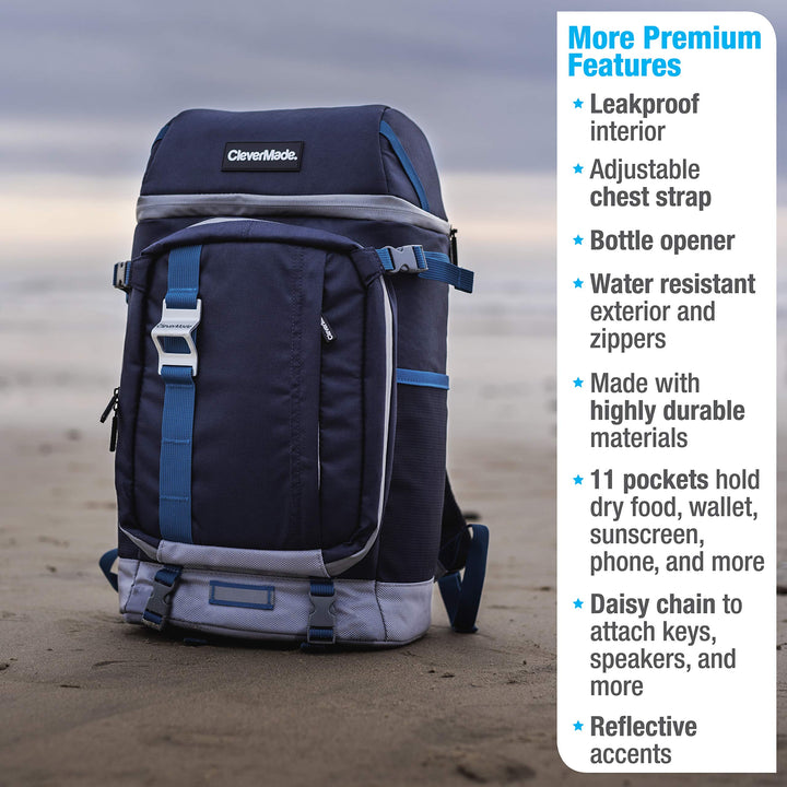 CleverMade Pacifica Backpack Coolers Insulated Leak Proof, Dusty Teal/Midnight - 24 Can Insulated Cooler Bag, Picnic and Beach Backpack Lunch Box - Cooler Backpack Made from Recycled Materials