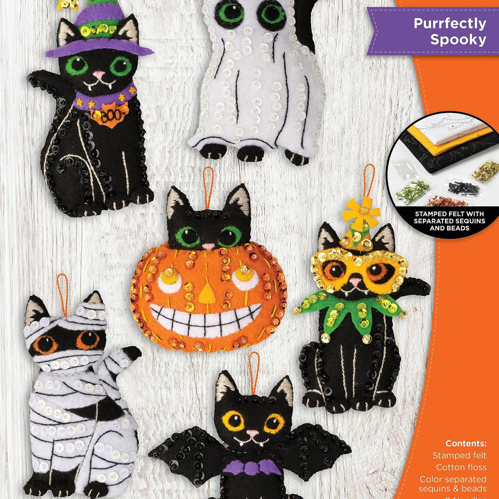 Bucilla, Purrfectly Spooky, Felt Applique 6 Piece Ornament Making Kit, Perfect for Halloween Arts and Crafts, 89649E