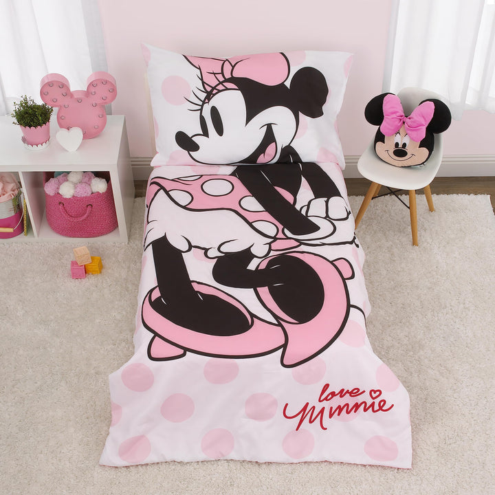 Minnie Mouse Pink, White and Black 4 Piece Toddler Bed Set with Comforter, Fitted Bottom Sheet, Flat Top Sheet, Standard Size Pillowcase