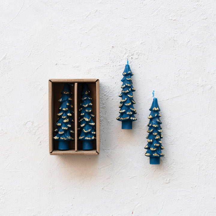 Creative Co-Op Unscented Textured Tree Shaped Taper Candles with Gold Tips in Box, Blue, Set of 2 Gold/Blue 5"