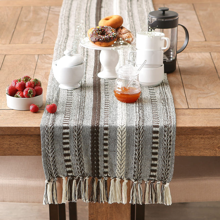 DII Farmhouse Braided Stripe Table Runner Collection, 15x108 (15x113, Fringe Included), Dark Brown 15x108" (15x113", Fringe Included) Striped