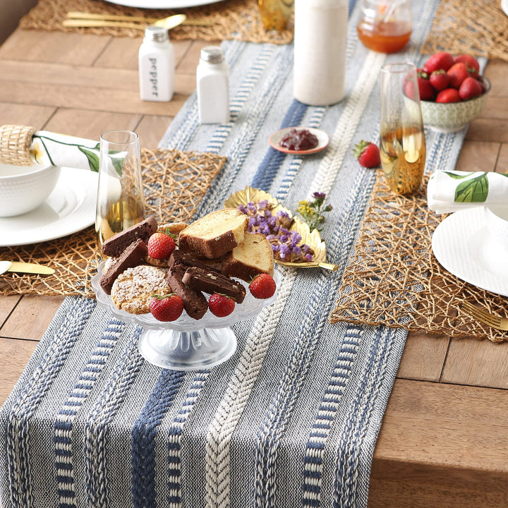 DII Farmhouse Braided Stripe Table Runner Collection, 15x108 (15x113, Fringe Included), French Blue 15x108" (15x113", Fringe Included) Striped