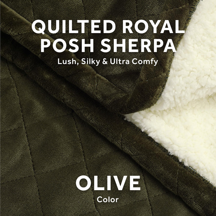 Sunbeam Quilted Royal Posh Velvet Reverse Sherpa Heated Throw Electric Blanket, 50" x 60", 4 Heat Settings, 4-Hour Auto Shut-Off, Warming Cozy Throw for Couch, Sofa or Bed, Machine Washable, Olive Olive Quilted