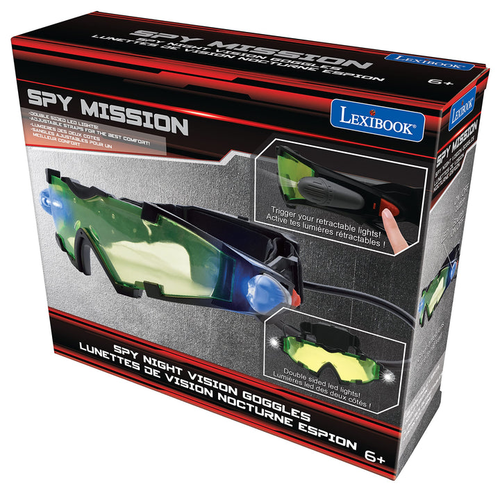 Lexibook - Spy Mission, Spy Night Vision Goggles, Retractable LED Lights, Green Tinted Glass, Adjustable Elastic Bands, Black, RPSPY04