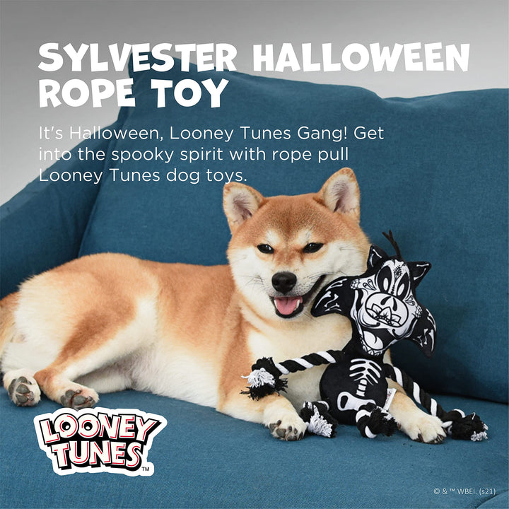 Looney Tunes for Pets Sylvester The Cat Halloween Skeleton Rope Pull Dog Toy | Sylvester The Cat Squeaky Dog Toy | Plush Fabric Dog Chew Toy Rope Toy for Dogs, 9 Inch (FF16974) Sylvester Skeleton