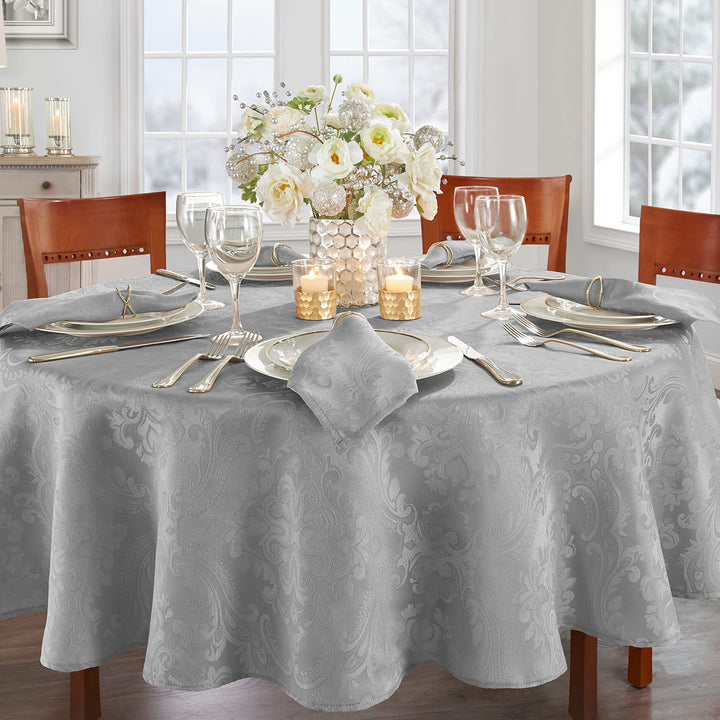 Elrene Home Fashions Caiden Elegance Damask Fabric Tablecloth, 60" x 84" Oval, Silver Tablecloth (1)