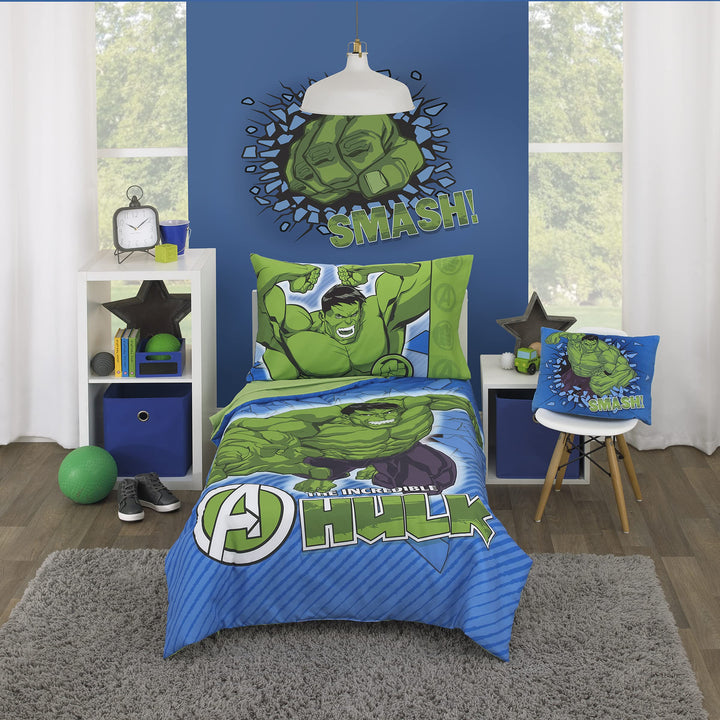 Marvel The Incredible Hulk - The Big Guy - Blue and Green 4 Piece Toddler Bed Set - Comforter, Fitted Bottom Sheet, Flat Top Sheet, and Reversible Pillowcase