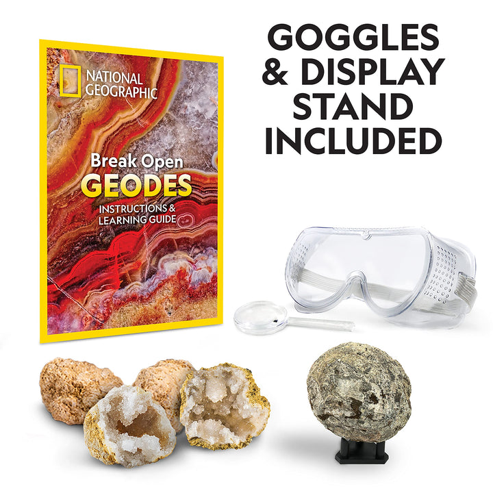 NATIONAL GEOGRAPHIC Break Open 4 Geodes Science Kit – Includes Goggles and Display Stand - STEM Science Gift for Boys and Girls, Break Your Own Geodes with Crystals ( Exclusive) 4 Geodes Kit