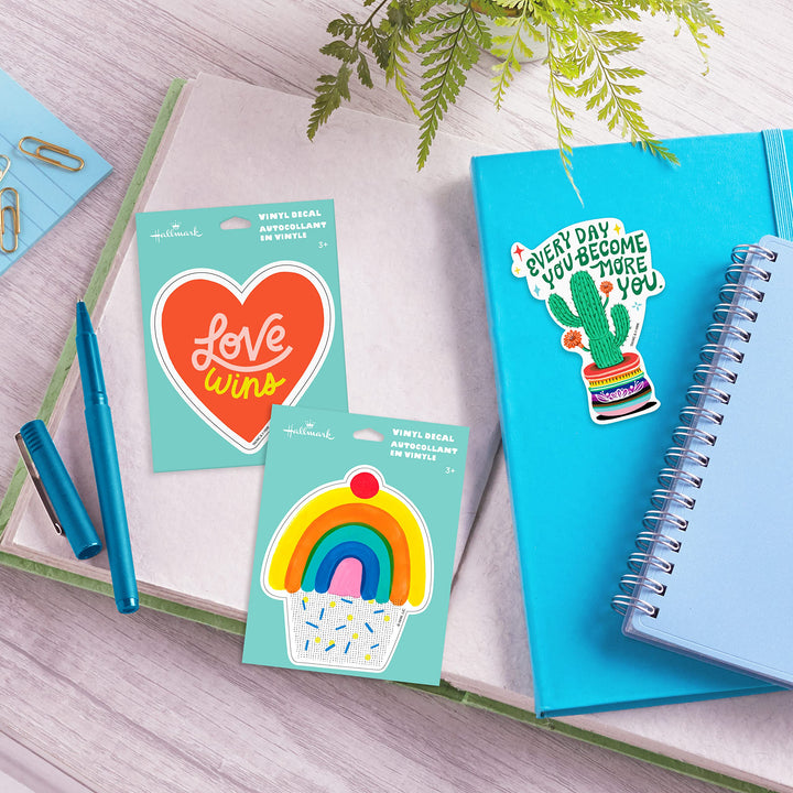 Hallmark Pack of 3 Stickers for Water Bottles, Planners, Notebooks, Wall (Cupcake, Cactus, and Heart Pride Decals for Teens or Adults) Cupcake, Cactus, and Heart Pride Decals for Teens or Adults