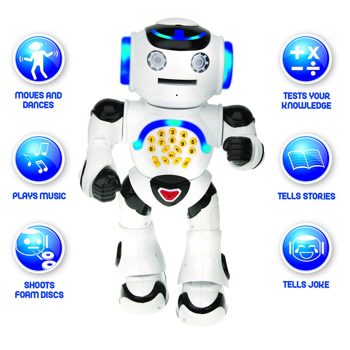 LEXIBOOK Powerman - Remote Control Walking Talking Toy Robot, Dances, Sings, Reads Stories, Math Quiz, Shooting Discs, and Voice Mimicking, for Kids 4+ - ROB50US