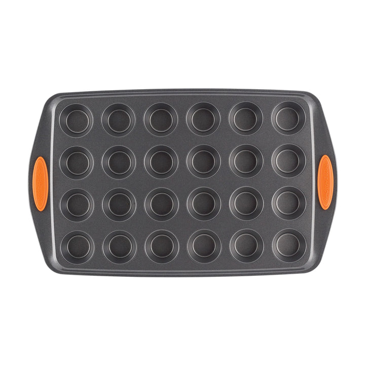 Rachael Ray Yum-o! Nonstick Bakeware 24-Cup Oven Lovin’ Mini Muffin Pan, Gray with Orange Handles 24 Cup Orange Grips