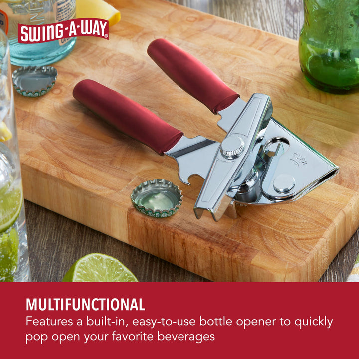 Portable Can Opener, Features an Ergonimic Handle for Optimal Comfort, and Built-in Bottle Opener for a 2-in-1 Tool, Durable Cutting Wheel, Red Portable