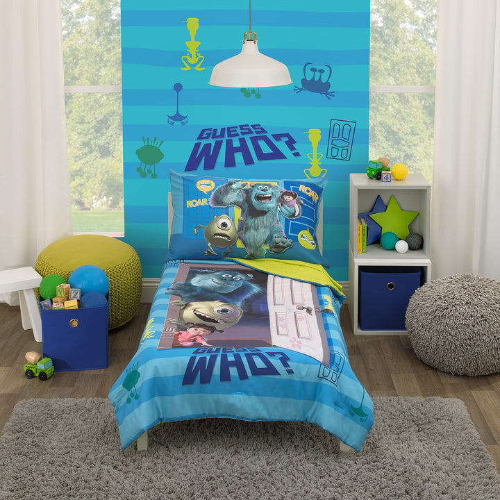 Disney Monsters Inc. Guess Who Blue and Green Sully, Mike, and Boo 4 Piece Toddler Bed Set - Comforter, Fitted Bottom Sheet, Flat Top Sheet, and Reversible Pillowcase Disney Monsters Inc.