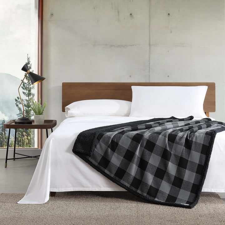 Eddie Bauer - Throw Blanket, Super Soft Reversible Sherpa Flannel Bedding, Ideal Christmas & White Elephant Gifts, Cozy Plaid Throw Blankets for Couch (Cabin Plaid Grey, Throw) Grey/Black