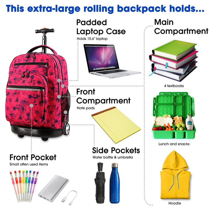 J World New York Sundance Rolling Backpack Girl Boy Roller Bookbag, Retro Bloom, 20 Inch