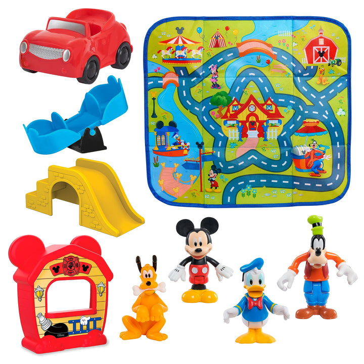 Disney Junior Mickey Mouse Around the Town Playmat, 9-piece Figures and Vehicle Playset, Officially Licensed Kids Toys for Ages 3 Up, Exclusive