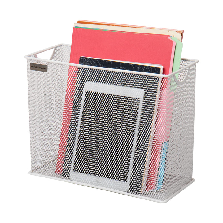 Mind Reader Vertical File Storage, Desktop Organizer, Hanging Files, Office, Metal Mesh, 12.25" L x 5.5" W x 10" H, White