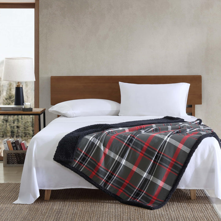 Eddie Bauer - Throw Blanket, Super Soft Reversible Cotton Flannel Sherpa Bedding, Ideal Christmas & White Elephant Gifts, Cozy Plaid Throw Blankets for Couch (Winslow Charcoal, Throw) Winslow Charcoal/Red